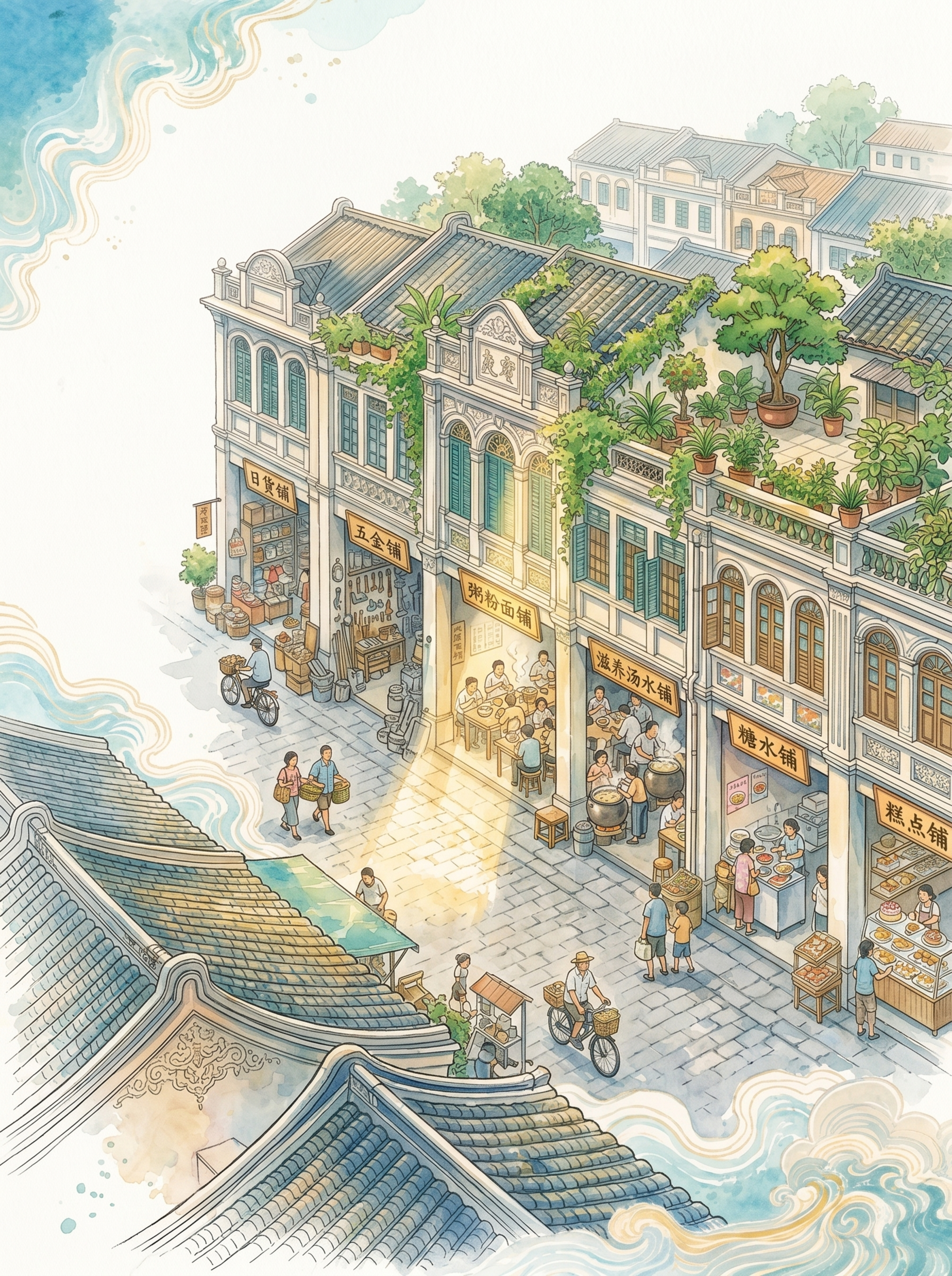 参考此图片风格，创作岭南传统街铺主题海报，俯视角由高向下望，带… - 图片创意预览