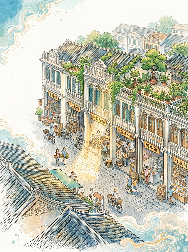 参考此图片风格，创作岭南传统街铺主题海报，俯视角由高向下望，带透视角度，岭南夏天日常市井生活气息，骑楼下店铺林立，包含日货铺、五金铺，多家食品店铺：粥香四溢有食客的粥粉面铺、滋养汤水铺、糖水铺、糕点铺，每个人都在忙碌开心，一抹阳光照亮长街，骑楼楼顶种满绿植生机勃勃，大师级构图，极简留白，每一寸都透露南国温润与岁月静好，卡通风景水彩插画，前景白描手法，水彩效果，水彩质感，艺术气息，温柔透明，阳光普照，温暖配色，大师构图，主次分明，图中不要加任何文字