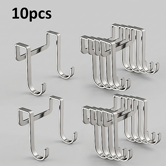 保留原产品挂钩和所有文字信息"10pcs"，只更换背景。整体美化优化，高端电商产品展示风格，简洁干净浅灰色哑光背景，色彩搭配协调自然，提升产品质感和专业度，文字清晰美观，达到商品广告海报级视觉效果，4K高清画质。挂钩严格参照上传产品图，完整保留所有可见组件、轮廓、结构、比例、材质、颜色与产品本体上的文字信息，与上传图完全一致。产品为第一视觉焦点，主光来自挂钩斜前45°，照亮核心展示面，金属拉丝打出细腻高光，反光自然。背景简洁干净突出主体，与金属材质拉开对比。严格锁定宽高比为1:1。