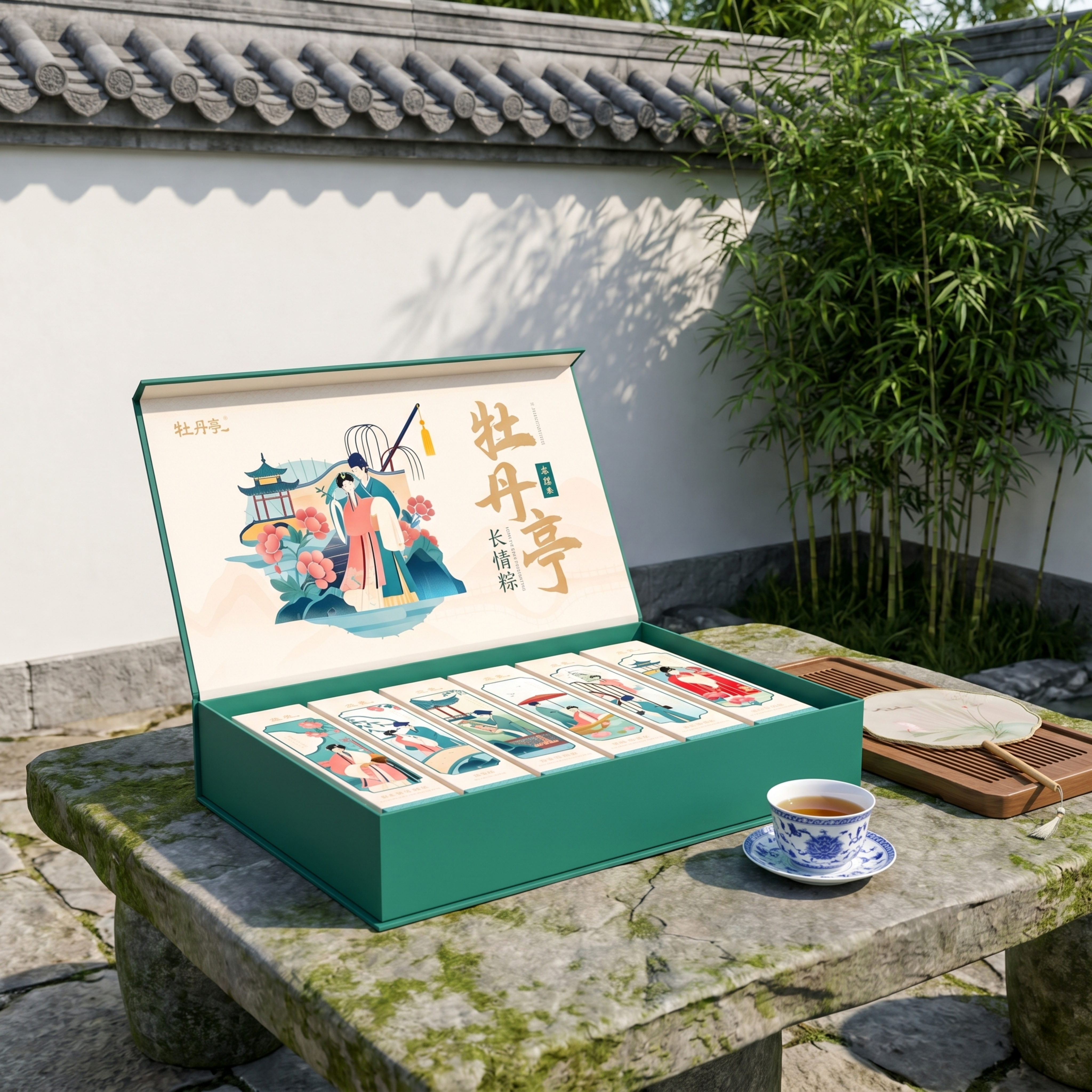 端午国风庭院野餐场景摄影。 主体：打开摆好的粽子礼盒严格参照上… - 图片创意预览