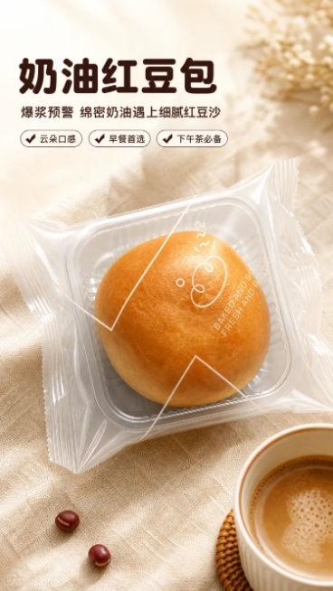 [第1屏] 奶油红豆包详情页头图产品宣传海报。
[氛围/风格] 温馨食欲风，暖调自然光，商业食品摄影质感，柔和光影，画面通透诱人。
[元素布局] 袋装完整奶油红豆包放置在画面中下部偏右区域，占据画面6预览效果