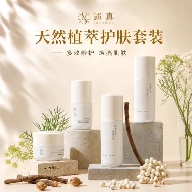 [第1屏] 详情页顶部大图-述真护肤套装品牌宣传海报
[氛围风格] 高端美妆品牌风格，米白色主色调，商业级摄影风格，超高清4K画质，背景有柔和光晕，整体高级干净
[元素布局] 保持产品包装结构、瓶型、预览效果