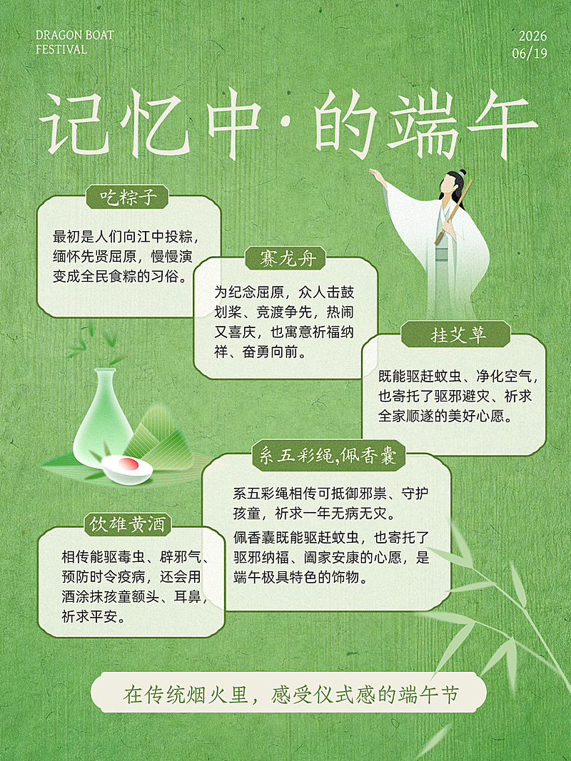 端午节节日科普清新绿色水墨风通用竖版海报