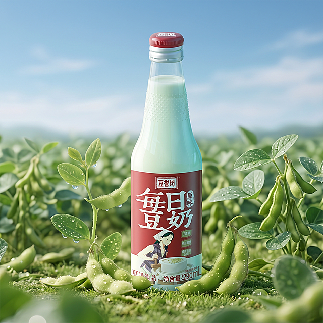 豆奶瓶装饮料，严格参照上传产品图https://gdesign-dam-hz.dancf.com/36678491991426225/7c0c52843c164281913ba5a2ae234189.jpg，完整保留所有可见组件、部件、轮廓形状、结构、比例、材质质感、颜色与产品文字信息。
户外清新豆田场景，清新自然蓝绿色调。
保留参考图https://1.jpg的骨架：户外草坪豆田场景，承载面是绿色草地，产品居中放置，搭配新鲜大豆与豆株装饰，侧前方自然光，整体清新自然。
侧前方自然光，产品受光面泛起清新草绿色、暗部映射浅蓝天色光晕，与环境物理融合。
产品居中特写，微侧20度视角，保持自然清新空气感。
全量换款清单：①豆株：参考图单枝豆株→生成更自然丛生的新鲜青豆株，带水珠；②大豆角：参考图2支→生成3-4支新鲜大豆角分布在瓶身周围，同是新鲜青大豆；③背景：参考图近景草地→生成远景蓝天豆田，保留清新自然氛围。
消除参考图中的额外文字与认证徽章，仅保留产品瓶身原有文字。相似度50%，不与参考图完全雷同。4K分辨率，严格锁定宽高比为 1:1。
