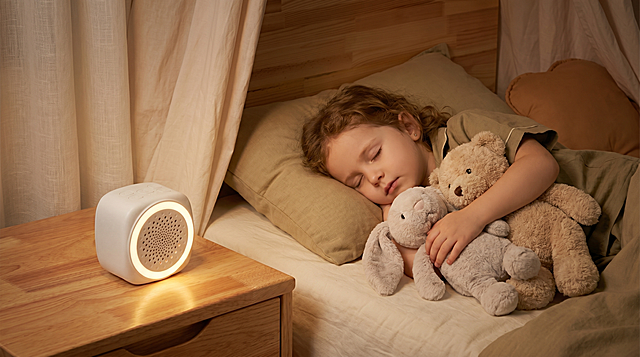 白噪音睡眠仪，严格参照上传产品图（https://gdesign-dam-hz.dancf.com/36667460982657059/bfa14f98d0914ffc96c9882f360e2c5e.png），完整保留所有可见组件、部件、轮廓、结构、比例、材质、颜色与产品本体上的文字信息，与上传图完全一致。
温馨夜晚儿童卧室，暖棕温馨色调。
保留参考图（https://gdesign-dam-hz.dancf.com/36667460192291985/c36f5b773e084085a23e8ca5e8db8a36.png）的场景结构：白人小女孩睡眠中抱着毛绒玩具，产品放置在左侧木质床头柜，产品受光面泛起暖棕暖色、暗部映射浅米色光晕，与环境物理融合。中景，产品放置在画面偏左位置。
视角微调：相对参考图偏转22°微侧视角。
全量换款清单：①人物：参考图棕色长发白人小女孩 → 保留白人、女性、儿童年龄、睡眠中抱毛绒玩具姿态，仅换浅棕卷发+卡其色睡衣；②床头靠枕：参考图棕色心形靠枕 → 生成浅卡其方形靠枕，同布艺材质；③毛绒玩具：参考图两只白色泰迪熊 → 生成一只米色泰迪熊+一只浅灰色兔子玩偶，同为毛绒材质；④窗帘：参考图米色棉麻窗帘 → 生成奶白色亚麻窗帘；⑤床头柜：参考图浅胡桃木色 → 保留原木，换浅橡木纹理；⑥床单：参考图浅灰色针织床单 → 生成米白色水洗棉床单；消除品牌文字和装饰性音符图案。
4K 分辨率，严格锁定宽高比为 16:9，保持与参考图相同的图片比例。相似度80%