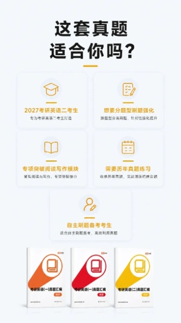 [第7屏] 详情页适用人群界定页，清晰说明这套真题汇编适合哪些考生使用。保持产品设计风格统一。[氛围/风格] 清晰直接简约风格，信息明确，方便考生快速判断。[元素布局] 顶部主标题，中部用五个信息卡片预览效果