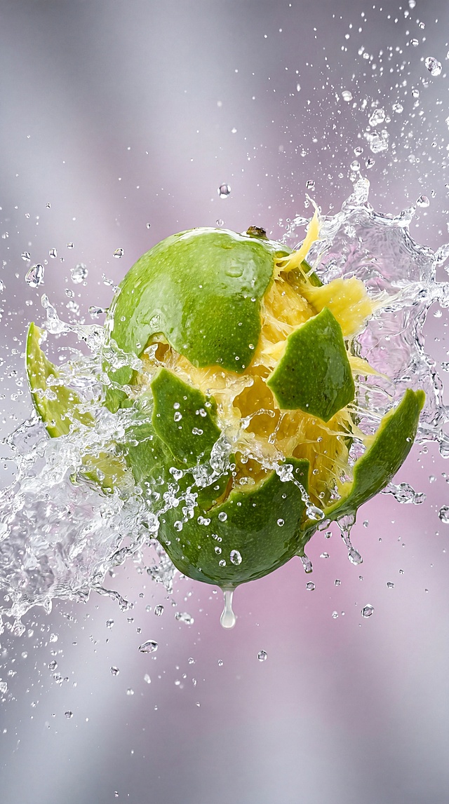 --ar 9:16 Commercial macro photography, high-speed photography. In mid-air, a fresh green mango is violently bursting open. The green peel is tearing and peeling outward, instantly revealing the incredibly vibrant, juicy yellow mango flesh inside. Simultaneously, a massive, refreshing explosion of crystal-clear water and juice erupts from the center of the mango in all directions. The background is a soft gradient of silver-grey and light magenta. High visual impact, highly dynamic, refreshing, 8k, photorealistic.