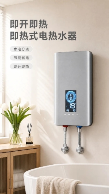 [主图-1] 即热式电热水器首页主图
[氛围风格] 家居治愈风，温馨舒适浴室氛围
[画质] 商业摄影质感、光线柔和通透、产品清晰真实、画面干净高级
[元素] 将产品放置在现代简约浴室墙面上，浅米色墙面预览效果