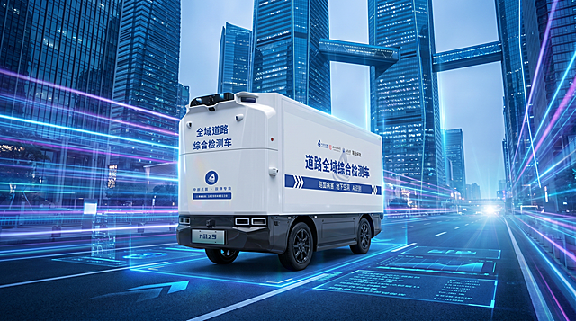 未来科技风摄影，自动驾驶无人检测车行驶在未来智能城市道路上，进行道路全维度检测，完整保留原图车辆所有文字和外观，横版构图，背景为全息智能道路标识、未来摩天建筑群，科技感光影蓝色调，氛围未来科幻，专业宣传摄影，4K超高清，严格锁定宽高比16:9