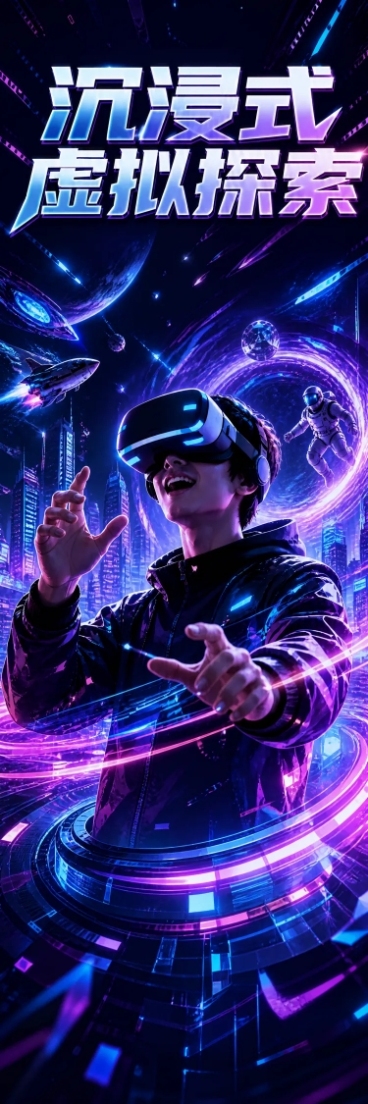一张60×160cm尺寸的VR体验游戏易拉宝宣传设计，只保留顶部标题文字"沉浸式虚拟探索"，去掉其他所有文字，现代科技风格，色彩绚丽充满未来感，适合展会活动宣传展示预览效果
