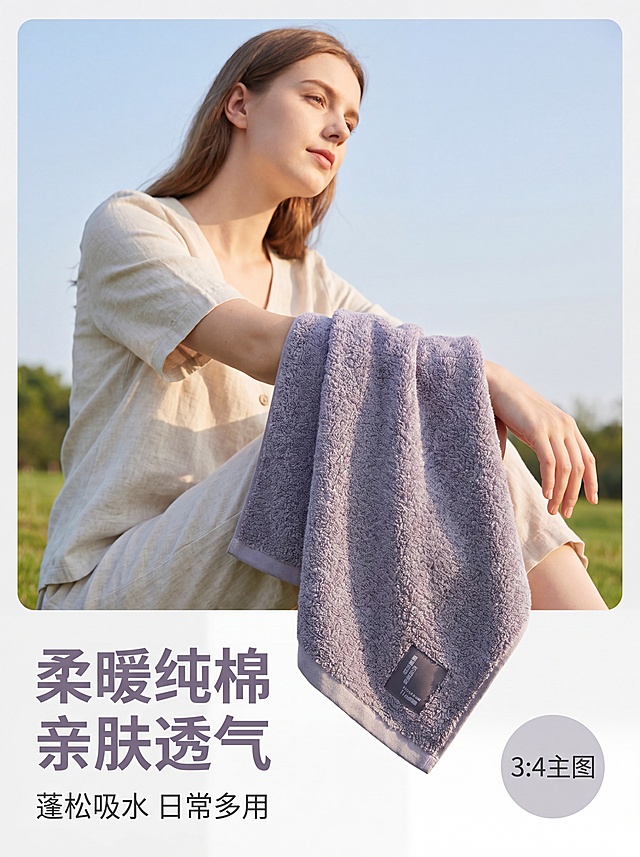 [单张主图] 灰紫色纯棉毛巾 高级氛围感欧美模特主图。路线判断为高级氛围感主图，目标是展示毛巾柔软质感与户外使用体验。
[画面主体] 欧美年轻女模特，这款灰紫色纯棉毛巾自然搭在模特手臂/手掌上，模特穿着浅色系简约休闲服饰，姿态自然放松；保持毛巾颜色为灰紫色、材质纹理、包边标签与输入产品图绝对一致，杜绝任何变形和色差，精细化处理；毛巾主体占比约40%，位于画面视觉中心偏右下位置。
[构图版式] 采用人景氛围型版式，毛巾作为视觉重点突出，模特姿态烘托休闲户外氛围，背景布置干净简约，文字放在左下角自然留白处。
[场景元素] 户外干净清新环境，浅绿草地搭配淡蓝色天空，整体明亮自然，场景元素不遮挡毛巾主体。
[文案版式] 左下留白左对齐，大字主文案 "柔暖纯棉 亲肤透气"，灰紫色粗体无衬线；下方小字副文案 "蓬松吸水 日常多用"，同色系字号缩小一半；右下角加浅灰色圆章标注 "3:4主图"，文字不遮挡毛巾和模特，留足安全边距。
[光影质感] 主光为户外柔和自然日光，侧前方照射，毛巾毛绒纤维呈现清晰绒感高光，模特和毛巾带有柔和自然投影，背景浅景深虚化，突出毛巾主体，整体氛围清新干净，质感真实高级。商业摄影质感，光线柔和通透，产品清晰真实，画面干净高级。
[配色字体] 主色：毛巾灰紫、草地浅绿、天空淡蓝；辅助色：浅灰色投影、日光暖调；字体采用细字重无衬线，简洁现代，主标题字重略粗，对比清晰。
[比例分辨率] 3:4 比例，4K分辨率，文字清晰可辨，超高清。
[负向提示词] 变形，水印，文字错乱，毛巾颜色失真，结构变形，遮挡主体，色差严重，低俗擦边，背景杂乱。