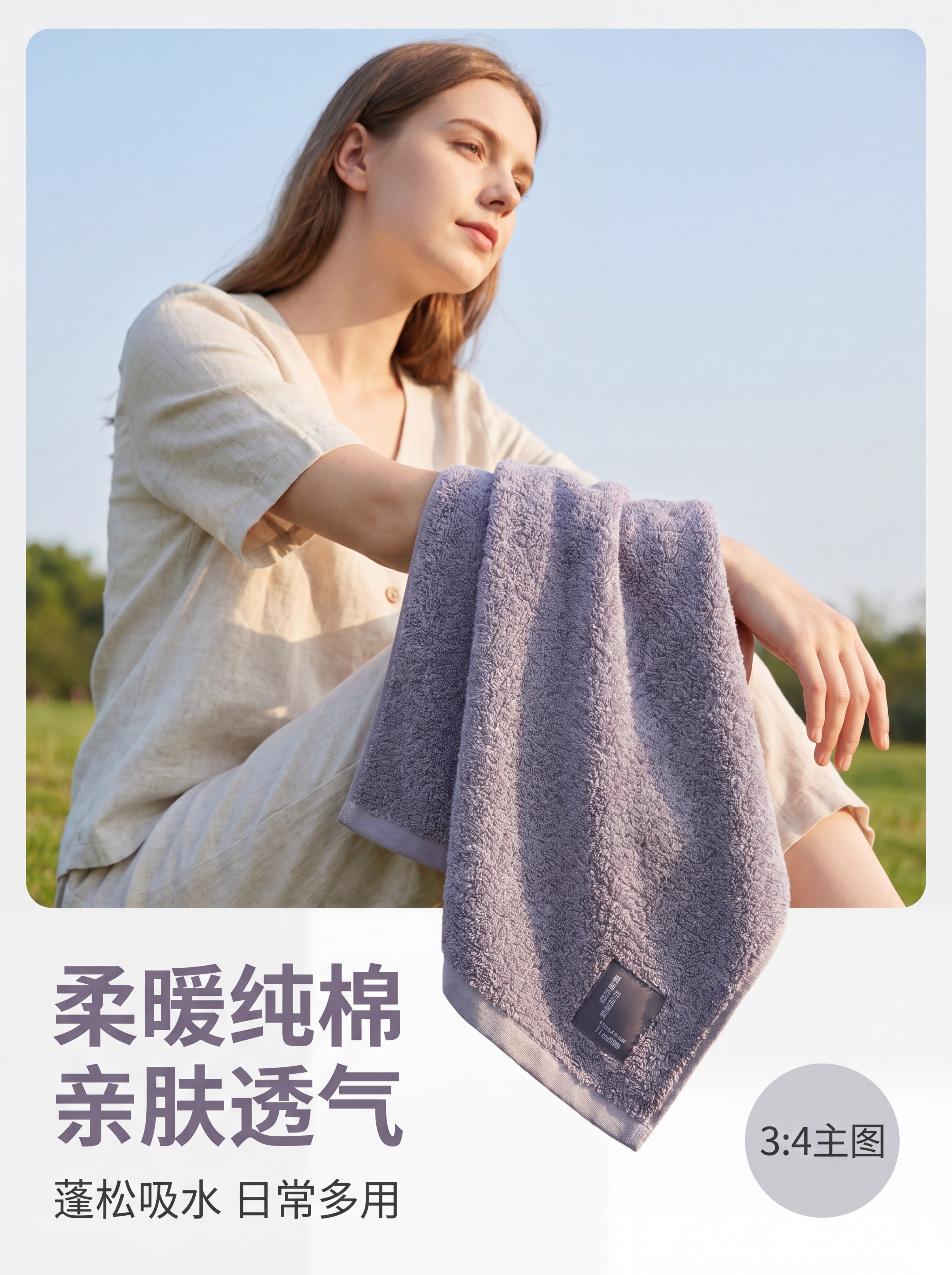 [单张主图] 灰紫色纯棉毛巾 高级氛围感欧美模特主图。路线判断… - 图片创意预览