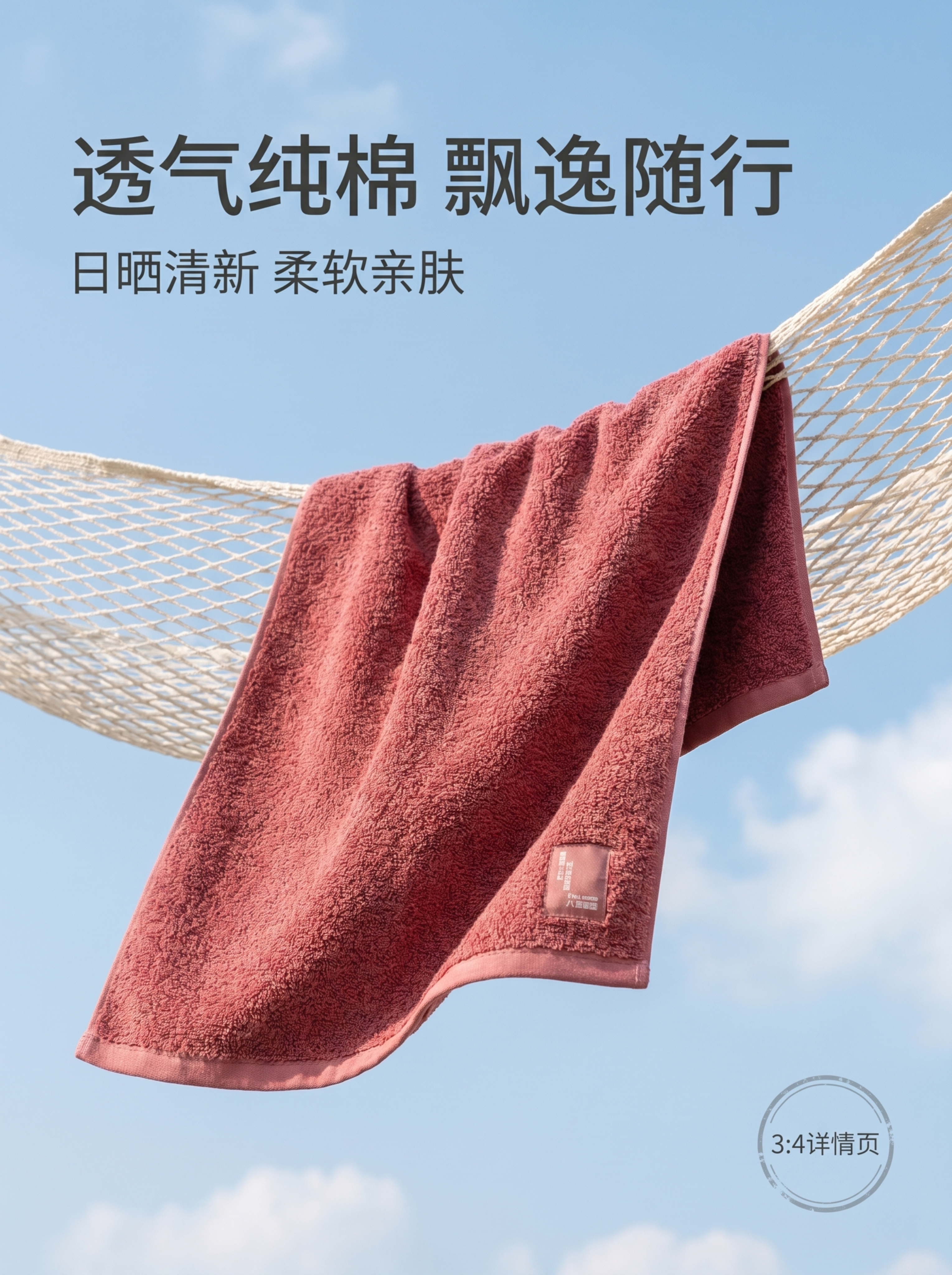 [第1屏] 详情页首屏-豆沙红纯棉毛巾户外悬挂场景展示。 [氛… - 图片创意预览