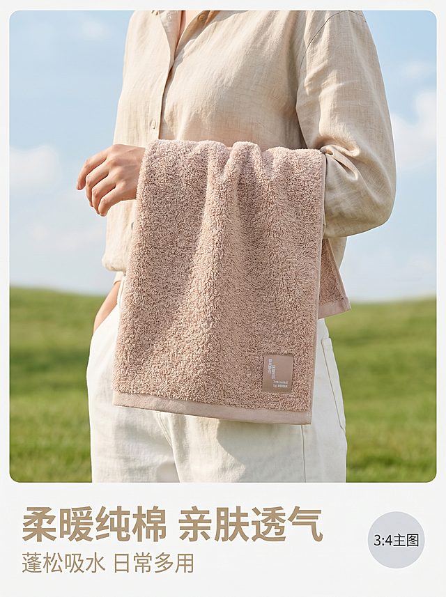 [单张主图] 浅卡其色纯棉毛巾 高级氛围感欧美模特主图。路线判断为高级氛围感主图，目标是展示毛巾柔软质感与户外使用体验。
[画面主体] 同一位欧美年轻女模特，这款浅卡其色纯棉毛巾自然搭在模特手臂/手掌上，模特穿着浅色系简约休闲服饰，姿态自然放松；保持毛巾颜色为浅卡其色、材质纹理、包边标签与输入产品图绝对一致，杜绝任何变形和色差，精细化处理；毛巾主体占比约40%，位于画面视觉中心偏右下位置。
[构图版式] 采用人景氛围型版式，毛巾作为视觉重点突出，模特姿态烘托休闲户外氛围，背景布置干净简约，文字放在左下角自然留白处。
[场景元素] 户外干净清新环境，浅绿草地搭配淡蓝色天空，整体明亮自然，场景元素不遮挡毛巾主体。
[文案版式] 左下留白左对齐，大字主文案 "柔暖纯棉 亲肤透气"，浅卡其粗体无衬线；下方小字副文案 "蓬松吸水 日常多用"，同色系字号缩小一半；右下角加浅灰色圆章标注 "3:4主图"，文字不遮挡毛巾和模特，留足安全边距。
[光影质感] 主光为户外柔和自然日光，侧前方照射，毛巾毛绒纤维呈现清晰绒感高光，模特和毛巾带有柔和自然投影，背景浅景深虚化，突出毛巾主体，整体氛围清新干净，质感真实高级。商业摄影质感，光线柔和通透，产品清晰真实，画面干净高级。
[配色字体] 主色：毛巾浅卡其、草地浅绿、天空淡蓝；辅助色：浅灰色投影、日光暖调；字体采用细字重无衬线，简洁现代，主标题字重略粗，对比清晰。
[比例分辨率] 3:4 比例，4K分辨率，文字清晰可辨，超高清。
[负向提示词] 变形，水印，文字错乱，毛巾颜色失真，结构变形，遮挡主体，色差严重，低俗擦边，背景杂乱。