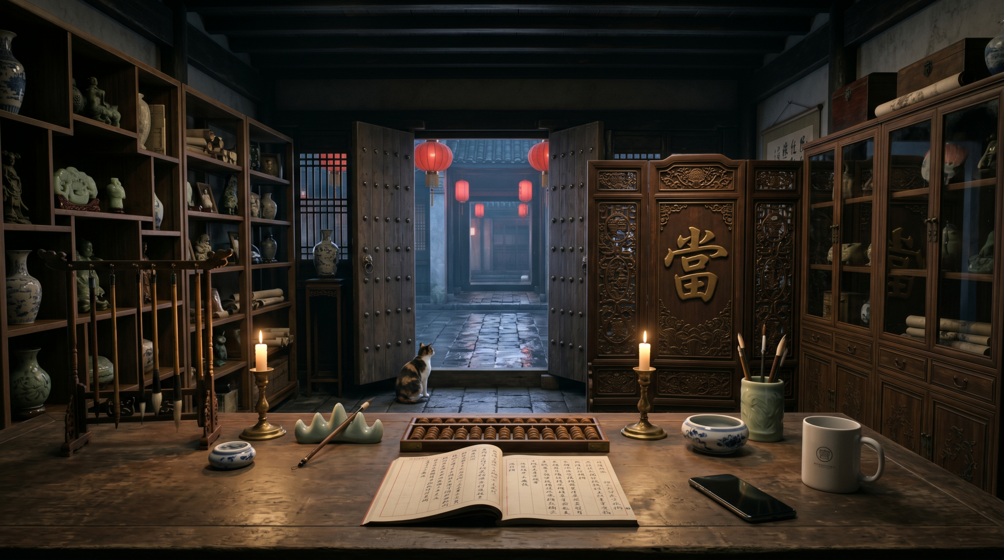 电影广角镜头，神秘中式当铺内部，无人物。第一人称视角，从深色木… - 图片创意预览
