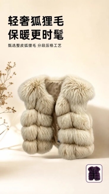 [第1屏] 详情页头图-米杏色狐狸毛马甲轻奢宣传海报。
[氛围/风格] 高级轻奢氛围感，浅奶茶色背景，极简轻奢商业摄影质感，温暖高级，突出皮草的奢华质感。
[元素布局] 使用图1作为商品主体，保持米杏预览效果