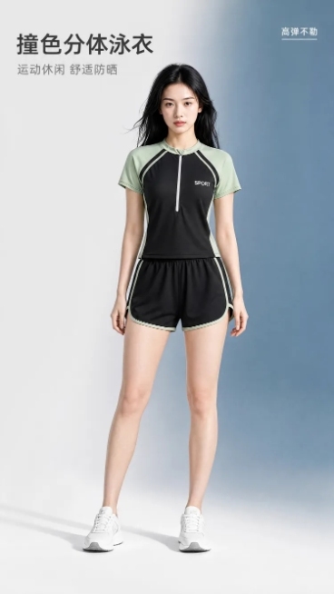 [第1屏] 详情页头图，分体两件套撞色泳衣女新品宣传海报。
[氛围/风格] 简约高级运动风，参考图3的浅灰渐变背景，商业摄影质感，画面干净高级，符合国内电商审美。
[元素布局] 亚洲年轻女性模特穿着分预览效果