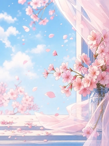 给这张漫画樱花图增加立体效果，让画面层次更分明，樱花和花瓶更有立体感，保留原漫画手绘风格和整体构图配色预览效果