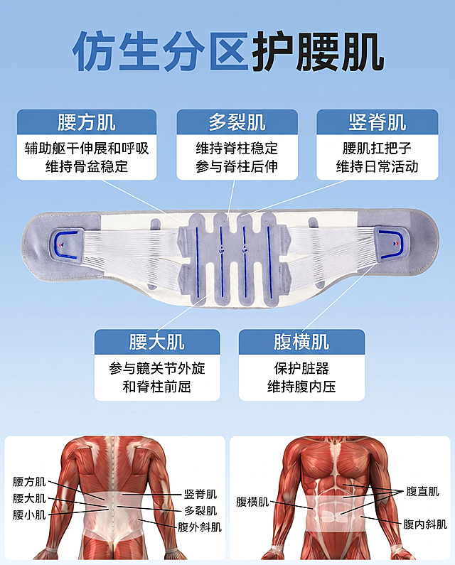 护腰腰带严格参照上传产品图2（https://gdesign-dam-hz.dancf.com/36677759377333291/2758d267234346bf87422dfded5bd81d.png），完整保留所有可见组件、部件、轮廓形状、结构、比例、材质质感、颜色与上传图完全一致，替换参考图1（https://gdesign-dam-hz.dancf.com/36677759377333291/db93a27ffc5346aa95ed9ce12e6f8489.png）中原有的腰带产品。
医疗健康科普信息图，浅蓝干净渐变背景，保留所有文字内容和排版布局，保留底部人体肌肉解剖图，保持原构图结构。
保留参考图的标题"仿生分区护腰肌"，保留五个肌群介绍文本框和标注线，整体色调保持浅蓝+深蓝+白色不变，产品居中水平放置。
正前方均匀柔和光源，产品受光面泛起浅蓝冷色、暗部映射浅灰光晕，与背景物理融合。
全量换款清单：①背景：保持浅蓝渐变背景不变；②腰带产品：参考图原蓝色腰带 → 替换为图2的灰白带蓝线护腰带，完整保留所有结构；③文字标注：保留所有原有文字、排版和蓝色标识框；④底部解剖图：保持两张人体肌肉图不变。
保留原图比例，4K分辨率，严格锁定宽高比为 4:5。