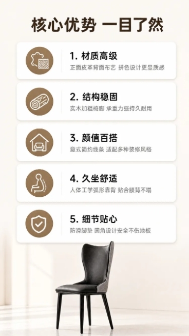 「图片1」，生成一套详情页，商品名称为现代意式轻奢餐椅 皮革布艺拼色实木加粗椅脚靠背椅，核心卖点是：✅ 材质高级有质感：正面黑色皮革 + 背面高级布艺，拼色设计，颜值拉满
✅ 结构稳固耐用：实木加粗椅预览效果