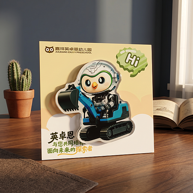商业级产品摄影。
主体：这款挖掘机驾驶者造型的幼儿园IP冰箱贴严格参照上传产品图，完整保留所有组件、轮廓、结构、比例、材质、颜色与产品本体上的文字信息（包括嘉祥英卓恩幼儿园logo、Hi气泡文字、英卓恩与您共同培养面向未来的探索者文字），产品占画面60%~70%，完整不裁切，近景构图，作为画面绝对视觉重心，去除产品外木质桌面背景。
构图：三分构图，视角偏转15°，平视视线高度。
风格：复古雅致。
场景概念：儿童游戏区展示台，午后柔和自然光。
承载与空间：①胡桃木色实木桌面，温润木纹纹理；②后方深灰蓝乳胶漆墙面，干净简洁。
陪衬物：①产品左侧，一小盆仙人掌植物，陶土小盆；②产品右后方，一本摊开的工程主题绘本，深棕色纸张；③桌面左下角，一块深棕亚麻布垫局部。
配色：主色调胡桃棕60%，辅助色深灰蓝25%，点缀色陶土棕/深棕15%，画面实际颜色5种：胡桃棕/深灰蓝/陶土棕/深棕/米白；
材质：画面实际材质5种：亚克力/金属/实木/陶土/亚麻；
光影：主光从右侧窗户斜入45°照亮冰箱贴正面，辅光为左侧墙面柔反射，边缘柔和轮廓光，亚克力表面亮泽通透。
参数：4K 写实光追。严格锁定宽高比为 1:1。