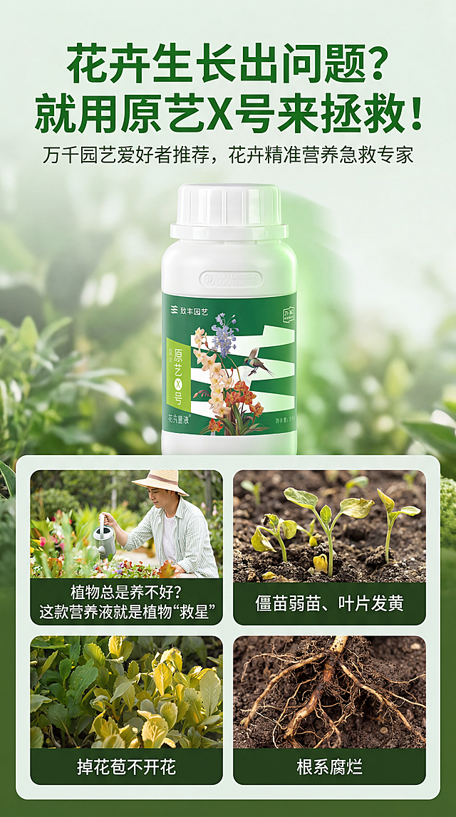 园艺营养液瓶子，严格参照上传产品图https://dify-grsai.dancf.com/images/20175aa8d3cd4f7e96629a28b622c341.png
植物问题痛点解决海报，浅绿清新自然色调，参考图为https://gdesign-dam-hz.dancf.com/36686882917296269/423b275d4513461882bca611b4a7d953.jpg，完整保留所有可见组件、部件、轮廓形状、结构、比例、材质质感、颜色与产品文字信息。
柔和自然光，产品受光面泛着淡绿色，暗部映射浅绿光晕，与环境物理融合。
标题在上，四宫格图文布局，整体正面平视视角。
全量换款清单：①标题：参考图"植物生长得不好？就用植新营养液拯救！" → 生成图"花卉生长出问题？就用原艺X号来拯救！"；②副标题：参考图"多国万千园艺爱好者挚爱之选植物精准营养急救专家" → 生成图"万千园艺爱好者推荐，花卉精准营养急救专家"；③图块：参考图植株矮小、叶片发黄、花苞少、根系弱 → 生成图僵苗弱苗、叶片发黄、掉花苞不开花、根系腐烂；④背景人物：参考图绿格纹衣服园艺工人 → 生成图浅条纹衬衫园艺师，保留人物姿态，换衣服款式；
消除参考图原有品牌文字。严格锁定宽高比为9:16。4K分辨率，参考相似度80%，宽度620-1290px，文件大小小于5MB。