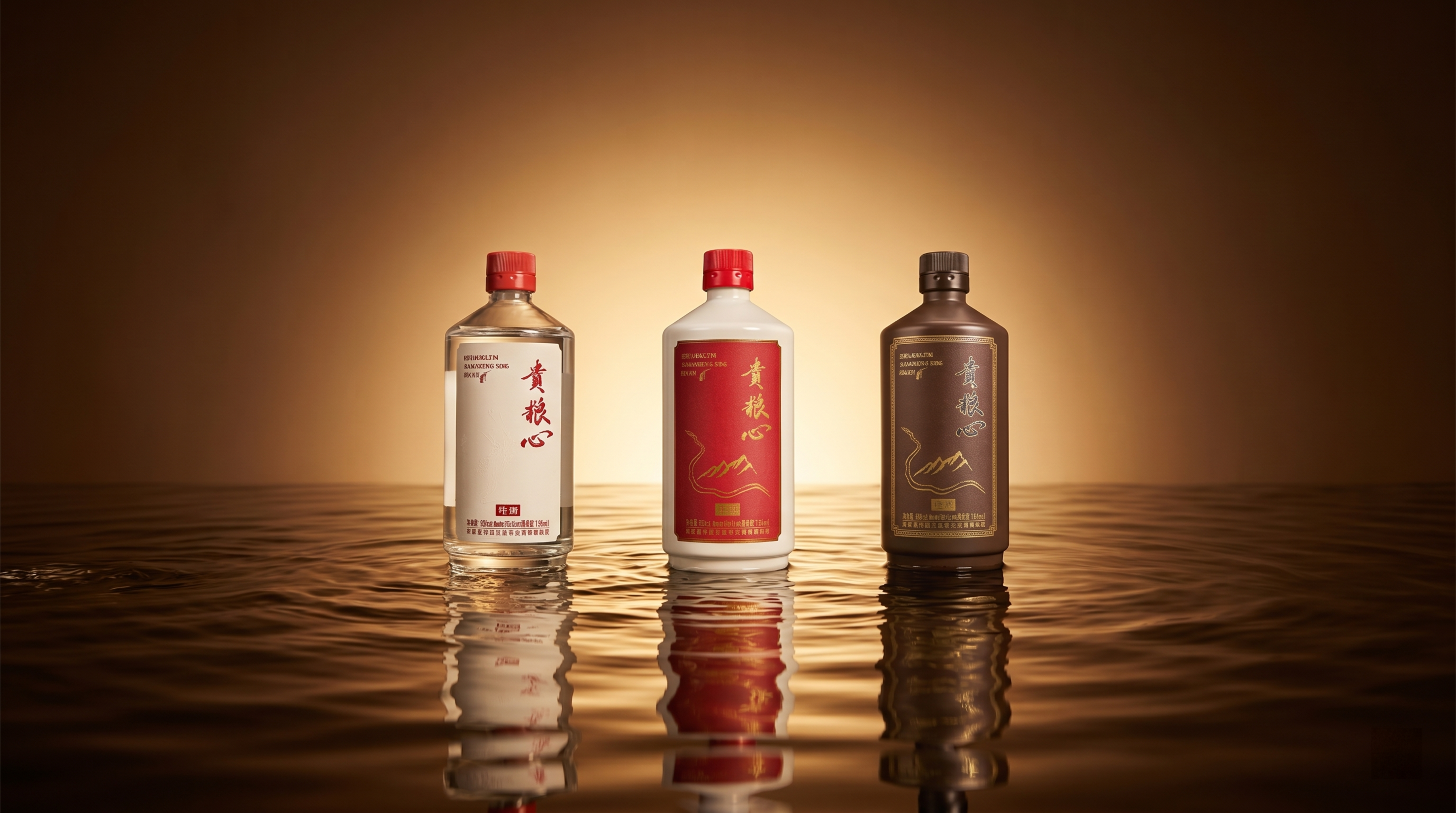 三瓶不同款式白酒整体合影，严格参照提取的产品图，完整保留所有可… - 图片创意预览