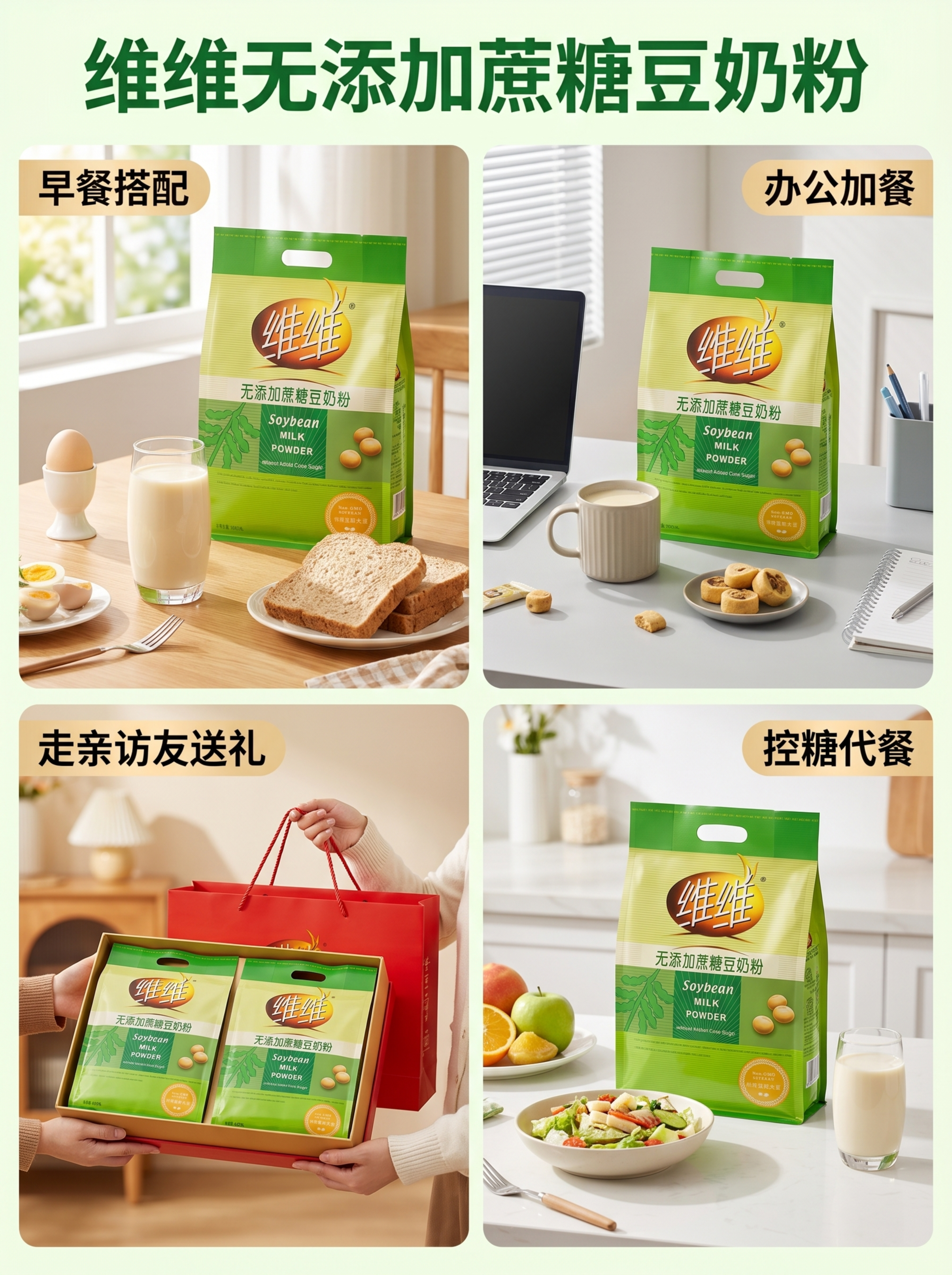 超写实多场景宫格商业摄影。 主体：维维无添加蔗糖豆奶粉严格参照… - 图片创意预览