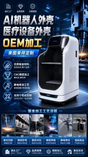 工厂实力风详情页，厂家加工机器人外壳设备，主标题AI机器人外壳医疗设备外壳OEM加工，副标题来图来样定制，展示产品四大卖点：优质钣金材料、CNC精密加工、静电喷涂工艺、支持个性化定制，蓝色工业科技背景预览效果