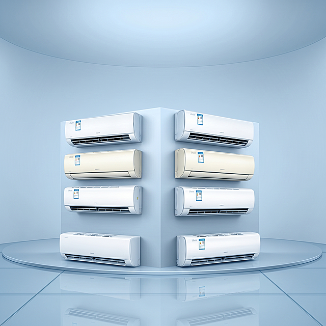 空调严格参照上传产品图https://gdesign-dam-hz.dancf.com/36690503970704521/b15bba4e222d4355a7e77f4b58b793ff.jpg，完整保留所有可见组件、部件、轮廓形状、结构、比例、材质质感、颜色，与上传图完全一致；将产品放置到参考图https://1.png的场景中，100%参考参考图的场景色调，保留参考图的浅蓝色冷色调，简约干净的棚拍风格，产品放置到玻璃反光地面上，所有空调产品整齐排列成弧形，正前方柔和漫射顶光，还原参考图光影氛围，产品受光面泛起浅蓝冷色、暗部映射浅灰光晕，与环境物理融合。产品居中构图，微侧15°视角。
全量换款：①背景：参考图浅灰蓝色渐变墙面保留风格，色调100%匹配；②地面：参考图浅蓝色反光玻璃地面保留材质，色调100%匹配。
消除产品本体外原有营销文字和促销信息，保留产品自身所有文字和标识。4K分辨率，严格锁定宽高比为 1:1。