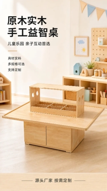 [第1屏] 详情页头图-儿童乐园泥瓦匠手工桌宣传海报，本屏使用【图1】作为商品主体，保留实木材质、原木色、双开门底部柜体和顶部收纳格的物理结构、比例轮廓和材质纹理一致。
[氛围/风格] 自然原木风，温预览效果