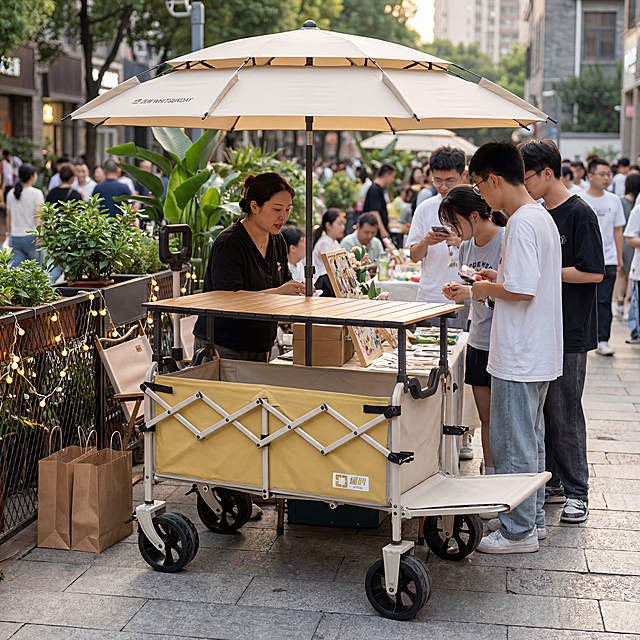 8K超清写实户外摄影，午后热闹的户外市集，人流穿梭背景适度虚化。
主体：露营推车严格参照上传产品图，完整保留所有可见组件、部件、轮廓、结构、比例、材质、颜色与产品本体上的文字信息，产品占画面60%~70%，完整不裁切，中景构图，作为画面绝对视觉焦点，背景无其他同类露营车。露营推车搭配米白色黑胶遮阳伞和组合桌面做成移动摊位，一位中国女性摊主，东亚面孔，黑发棕眼，日常自然妆感，忙碌打理商品；几位中国青年顾客围在摊前挑选商品。
构图：黄金分割构图，视角微侧30°平视。
风格：写实风。
场景：午后户外街边市集，烟火气浓厚，氛围松弛自然。
空间与承载：①地面，青石板街道，浅灰色纹理；②背景，热闹市集人流与街边绿植装饰，远处建筑适度虚化。
点缀元素：①摊位推车旁，几盆点缀绿植，鲜活叶片，嫩绿色；②地面散落几个牛皮纸购物袋，浅棕色；③街边围栏缠绕暖黄色装饰串灯。
配色/材质：米白/姜黄/木色/浅灰/嫩绿/暖棕；金属支架/牛津布/木质桌板/黑胶遮阳布/石材/绿植。
光影：主光为暖调自然光从斜前方45°照射，照亮推车摊位和人物；辅光为环境漫反射，整体偏暖调，阴影柔和自然，产品金属结构有清晰高光，布艺表面呈现柔和漫反射。
严格锁定宽高比为1:1
