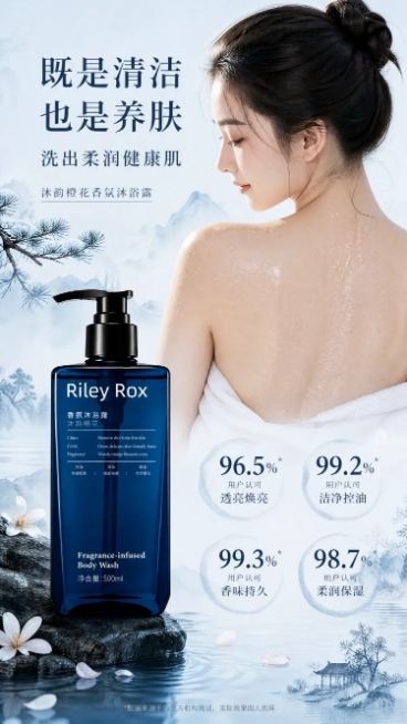 「图片1」帮我生成带有模特背部肌肤的详情页预览效果