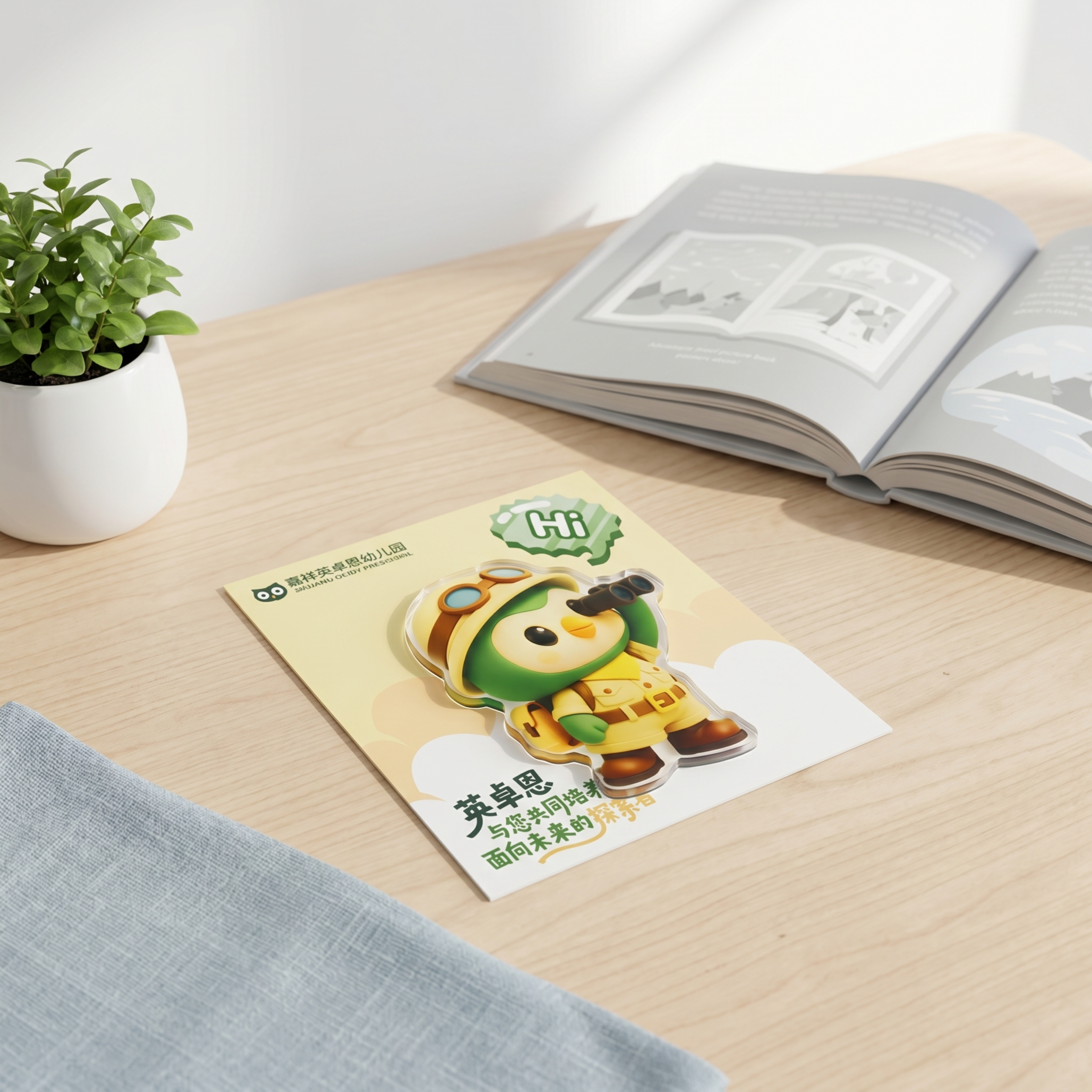商业级产品摄影。 主体：这款探险家造型的幼儿园IP冰箱贴严格参… - 图片创意预览