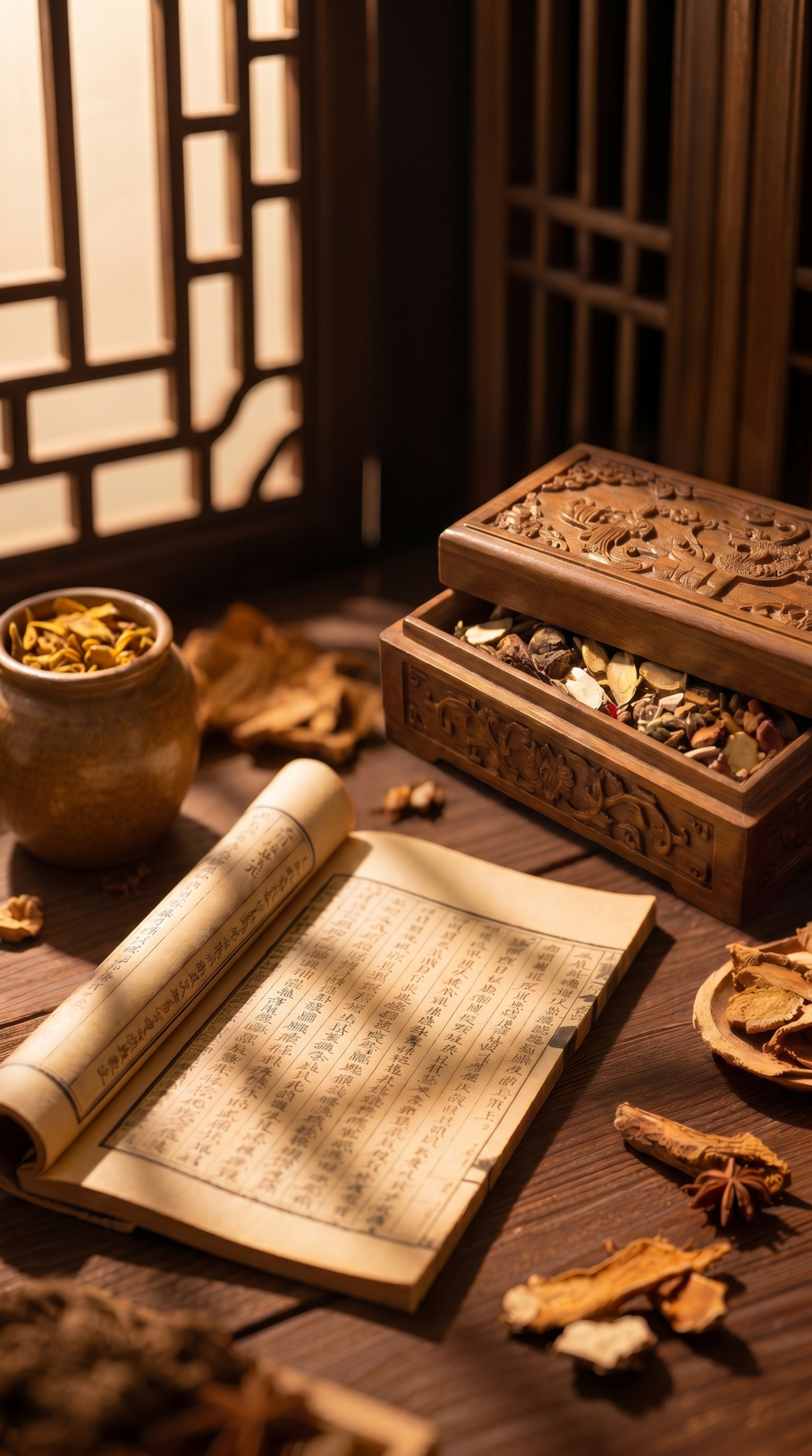 保持原图所有元素（雕花木药盒、古籍、陶罐、药材散落、窗棂、木质… - 图片创意预览