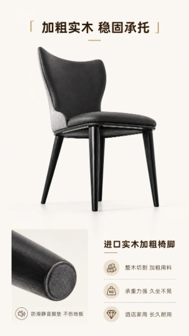 「图片1」，生成一套详情页，商品名称为现代意式轻奢餐椅 皮革布艺拼色实木加粗椅脚靠背椅，核心卖点是：✅ 材质高级有质感：正面黑色皮革 + 背面高级布艺，拼色设计，颜值拉满
✅ 结构稳固耐用：实木加粗椅预览效果
