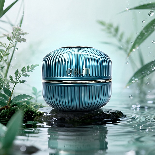 护肤面霜，严格参照上传产品图https://gdesign-dam-hz.dancf.com/36687280058902620/b4872d9b6bee42fab89cf1a35ee0093f.jpg，完整保留所有可见组件、部件、轮廓形状、结构、比例、材质质感、孔雀蓝色泽与产品本体上的文字信息（O'BUTI品牌logo等）与上传图完全一致。
自然水域绿植近景场景，植萃轻氧自然风格，相似度50%参考图https://1.png的结构和氛围，保留淡青绿色清新核心色调，产品置于画面中心深色岩石上，下方为水面。
产品卖点：保湿抗皱，核心成分：海洋鱼油复合胶原蛋白、红球藻抗逆因子，功效：使肌肤通透、柔软角质层。
柔和清新侧前方自然光，还原参考图光影方向，产品受光面泛起淡青绿色光晕、暗部映射水色阴影，与环境自然物理融合。
严格锁定产品在画面中心，居中特写构图，微侧15°视角。
全量换款清单：①绿植：参考图多种水草蕨类植物 → 生成图保留多种水生绿植，更换不同草本品种（同植物类别，换具体品种造型）；②水珠：参考图透明水珠散布背景 → 生成图保留透明水珠，调整水珠位置和大小分布；③岩石：参考图深色湿岩石 → 生成图保留深色湿岩石，更换表面纹理；④水面：参考图平静水面 → 生成图保留平静水面，轻微调整波纹细节。
消除产品本体以外多余水印和营销文字。4K分辨率，严格锁定宽高比为 1:1。