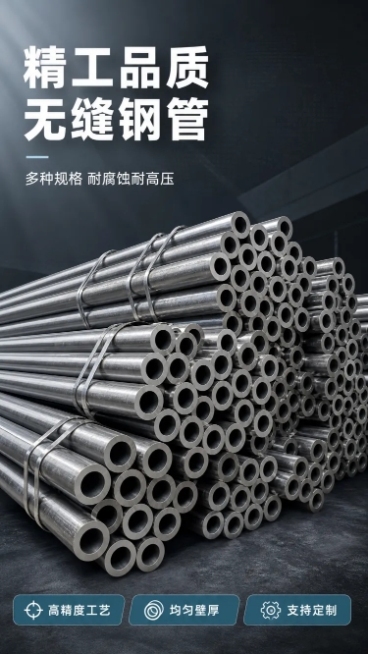 [第1屏] 详情页头图-工业无缝钢管产品宣传海报。展示多种规格的优质无缝钢管，本屏使用【图1】【图6】作为产品主体参考，整体保持产品的结构、尺寸比例与材质质感一致。
[氛围/风格] 工业专业风格，沉稳预览效果