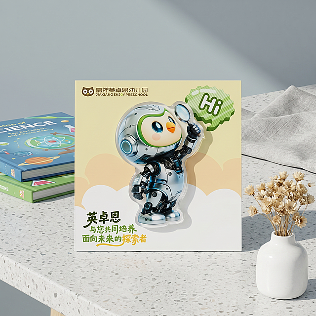 商业级产品摄影。
主体：这款放大镜探索者造型的幼儿园IP冰箱贴严格参照上传产品图，完整保留所有组件、轮廓、结构、比例、材质、颜色与产品本体上的文字信息（包括嘉祥英卓恩幼儿园logo、Hi气泡文字、英卓恩与您共同培养面向未来的探索者文字），产品占画面60%~70%，完整不裁切，近景构图，作为画面绝对视觉重心，去除产品外木质桌面背景。
构图：三分构图，视角偏转15°，平视视线高度。
风格：现代极简。
场景概念：幼儿园展示角，午后明亮自然光。
承载与空间：①浅灰色水磨石桌面，细腻颗粒纹理；②后方浅灰蓝乳胶漆墙面，干净简洁。
陪衬物：①产品右前方，一只白色陶瓷小花瓶插着几支干花，米白色花瓣；②产品左后方，叠放两本科学主题绘本，蓝色和绿色封面；③桌面右上角，一块浅灰亚麻布垫局部。
配色：主色调浅灰蓝60%，辅助色浅灰25%，点缀色米白/蓝绿15%，画面实际颜色5种：浅灰蓝/浅灰/米白/蓝/绿；
材质：画面实际材质5种：亚克力/金属/水磨石/陶瓷/亚麻；
光影：主光从右侧窗户斜入45°照亮冰箱贴正面，辅光为左侧墙面柔反射，边缘柔和轮廓光，亚克力表面亮泽通透。
参数：4K 写实光追。严格锁定宽高比为 1:1。