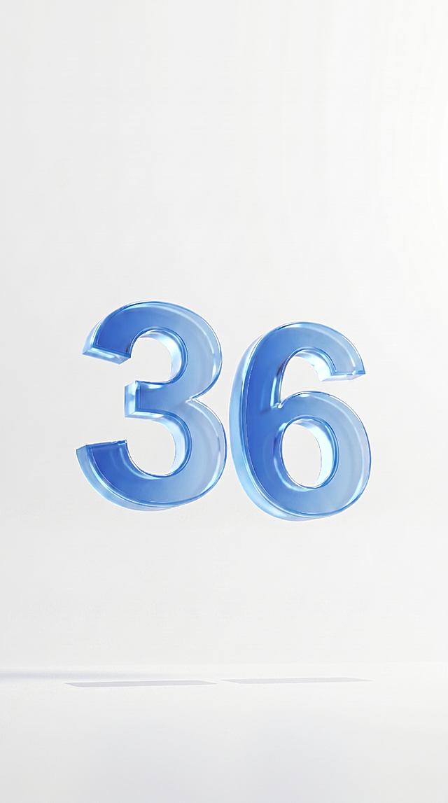 只保留蓝色玻璃质感的数字"36"，移除下方的产品盒子，纯白底背景，保持数字蓝色透明玻璃质感，保持原有光影风格和尺寸位置，严格锁定宽高比为 9:16。