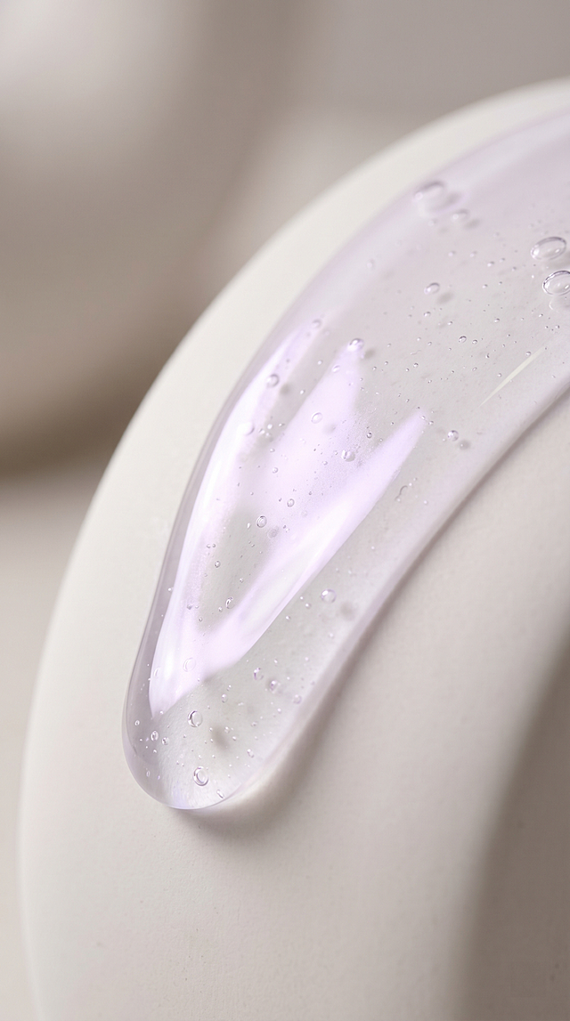 Macro shot of thick, silky transparent skincare essence liquid flowing smoothly over a pristine white curved surface. The essence contains tiny, delicate bubbles inside, catching the light. Soft pastel purple light reflections on the liquid surface. Korean beauty aesthetic, ultra-hydrating and refreshing texture, clean, pure, cinematic lighting, 8k