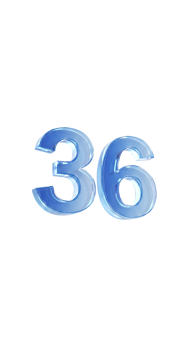 只保留蓝色玻璃质感的数字"36"，移除下方的产品盒子，纯白底背景，保持数字蓝色透明玻璃质感，保持原有光影风格和尺寸位置，严格锁定宽高比为 9:16。