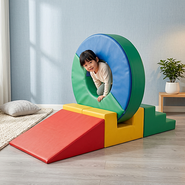 商业级产品摄影
主体：儿童软体玩具严格参照上传产品图，完整保留所有可见组件、轮廓、结构、比例、材质、颜色与产品本体信息，与上传图完全一致。产品占画面60%~70%，完整不裁切，中景构图。{中国 + 小孩 + 儿童 + 东亚面孔 + 黑发 + 棕黑色眼睛 + 自然五官 + 日常穿搭}正从产品的环形洞口中钻出来，动作自然生动
构图：黄金分割，微侧15°平视
风格：北欧素雅
场景概念：北欧风格儿童房角落，周末休闲玩乐时光
承载与空间：①浅灰色原木地面，浅色橡木纹理，哑光自然；②背景是浅蓝亚麻墙面，干净简洁
陪衬物：①左前方地面，一块米白色针织地毯，棉织纹理；②右侧墙角，一盆小型绿植观叶盆栽，深绿色叶片，白色陶瓷花盆；③地毯上，一个浅灰色针织抱枕
配色：主色调浅灰白占60%，辅助色浅蓝草绿占25%，点缀色米白陶瓷占15%，画面实际颜色：冷白 / 浅灰 / 浅蓝 / 草绿 / 米白
材质：皮革 / 原木 / 针织 / 陶瓷 / 亚麻
光影：主光从左侧窗户斜入45°，柔和照亮玩具正面，辅光是右侧墙面暖调反射光，边缘有柔和轮廓光；皮革哑光细腻反光
参数：4K 写实光追。严格锁定宽高比为 1:1
