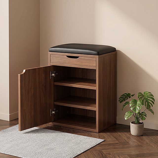 换鞋凳，严格参照上传产品图（https://gdesign-dam-hz.dancf.com/36668972014224393/c92da9d6c2c44d51a3bf83b81ba94fe1.jpg），完整保留所有可见组件、部件、轮廓形状、结构、比例、材质质感、颜色与上传图完全一致，门在左侧打开。
室内家居入户玄关一角，胡桃棕暖色调。
左侧开门的换鞋凳展示结构，主光方向还原参考图（https://gdesign-dam-hz.dancf.com/36668977397089405/608569d8c38f48e48553876a58943a59.png），产品受光面泛起暖棕色，暗部映射浅木色光晕，与环境物理融合。中景居中，微侧25°视角。
全量换款清单：①墙面：参考图纯色墙面 → 生成图浅奶咖乳胶漆墙面；②地面：参考图浅木纹直铺 → 生成图深胡桃木纹人字拼；③柜门：参考图直板开门 → 生成图弧形边开门（同胡桃木材质，仅换造型）；④软装：参考图无额外软装 → 生成图门前浅灰色棉麻地垫，角落放一盆小型龟背竹绿植。
相似度参考参考图50%，保留参考图骨架氛围，所有元素全量换款。消除产品本体外所有营销文字。4K分辨率，严格锁定宽高比为 1:1。