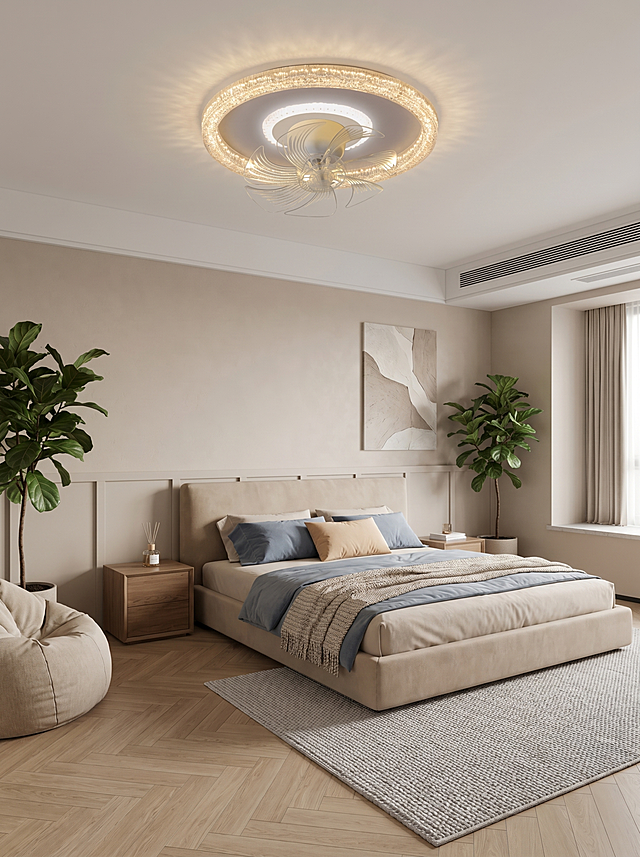 吸顶风扇灯，严格参照上传产品图https://gdesign-dam-hz.dancf.com/36693318430869523/fced5e985dcc45358e84c24e460f5f72.png，完整保留所有可见组件、部件、轮廓、结构、比例、材质、颜色与产品本体信息，与上传图完全一致。
现代家居卧室空间，参考风格相似度20%参考图https://gdesign-dam-hz.dancf.com/36693325251987594/ea41f50060c847bbb8d8e23fcf1233af.jpg，奶咖暖色调，整体温馨轻奢风格。
顶光柔和漫射，还原参考图光影方向，产品受光面泛起奶咖暖色，暗部映射浅灰光晕，与环境物理融合。
产品位于天花板居中位置，中景构图展示卧室整体空间，微侧20°视角。
全量换款清单：①床头软包：参考图分区硬包 → 生成图一体科技布软包，暖米色；②床体：参考图分段米色床 → 生成图整体布艺低箱床，浅奶茶色；③床头柜：参考图圆形大理石边几 → 生成图方形实木床头柜，浅胡桃木色；④绿植：参考图大叶绿植 → 生成图琴叶榕盆栽，深绿色；⑤床头抱枕：参考图灰色条纹抱枕 → 生成图纯色雾霾蓝与奶杏抱枕。
空间结构：①床头背景墙：浅奶茶硅藻泥墙面，做了半墙软包设计；②天花板：白色乳胶漆平顶，产品安装固定于天花板；③地面：浅橡木实木人字拼地板，原木色。
软装陈设：①床头柜上，一只透明玻璃香薰瓶，原木色瓶盖；②床尾，一块浅灰色针织地毯，绒面质感；③床尾墙面悬挂一幅抽象肌理装饰画，莫兰迪色系；④飘窗位置，摆放一只棉麻懒人蒲团，米白色。
配色 / 材质：奶咖色 / 浅橡木色 / 雾霾蓝 / 深绿色；科技布 / 实木 / 针织 / 硅藻泥。
消除品牌文字。4K分辨率，严格锁定宽高比为3:4。