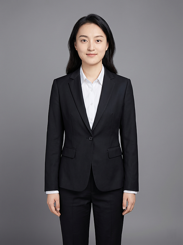 参考图中保留人物脸型、发型、年龄等特征生成职场全身正装形象照，标准焦段50mm，f/4光圈，平视视角，人物居中构图，为视觉聚焦点，全身照，展现人物完整身形；头部发型完整，头身比例协调，人物结构准确；身穿深黑色精纺羊毛混纺西装外套，平驳领设计，面料呈细腻微微哑光质感；内搭白色高支精梳棉衬衫；下装深黑色精纺羊毛混纺西裤；着装正式干练，专业稳重；身形匀称，姿态端正，身体挺拔。呈自然站姿，双手自然下垂，肢体放松且自信；发质微微柔顺，微微蓬松；简约微微中度灰色纯色背景，呈现均匀柔和质感，背景光线均匀柔和，强化色彩对比的高级感，极简干净；画质超高分辨率、细节清晰，现代精致感风格；肤质精细化处理；眼神直视镜头，目光坚定且澄澈，表情自然。嘴角上扬；清透自然裸妆，轻薄底妆+淡唇妆，妆感轻薄轻透裸肌感，通透感肤质，肤质自然细腻，肤色健康均匀，雾面柔光裸肌感，保留真实皮肤细节。正面柔光补光，4800K中性光，面部光比1:1.5，色调明亮；分辨率4K，去除人物之外的所有元素。严格按照图片内容生成。画面比例3:4