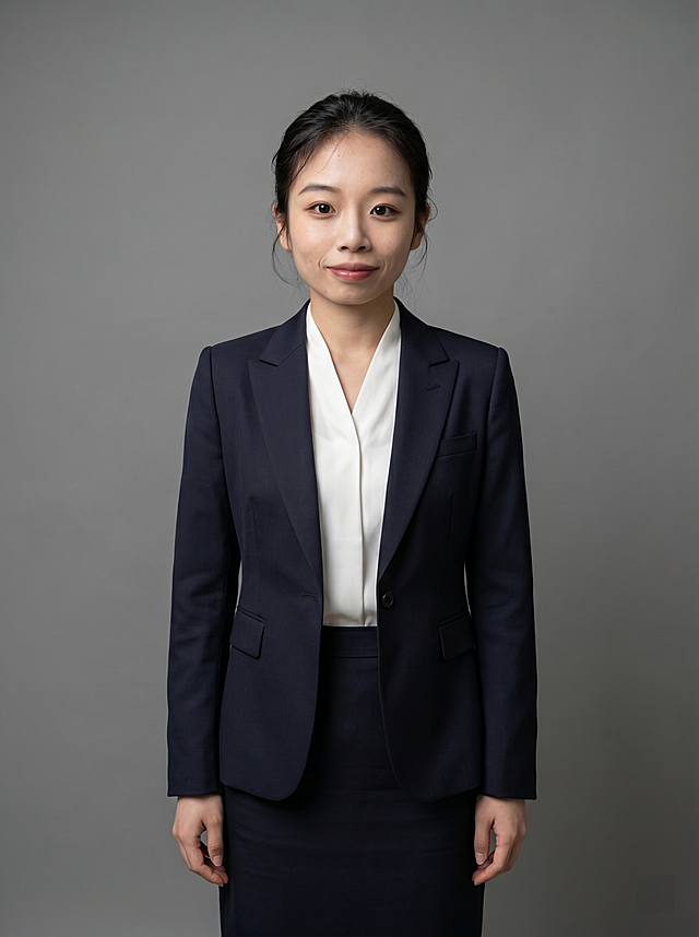 参考图中保留人物脸型、发型、年龄等特征生成职场正面全身形象照，标准焦段50mm,f/4光圈，平视视角，人物居中构图，位于画面中心，为视觉聚焦点，全身照展现人物完整身形；发质微微柔顺，微微蓬松。身穿藏青色精纺羊毛混纺西装外套，内搭白色真丝缎面V领衬衫；下装藏青色精纺羊毛混纺西装套裙；着装正式干练，专业稳重；身形匀称，姿态端正，身体挺拔。呈自然站姿，双手自然垂放，肢体放松且自信；简约微微中度灰色纯色背景，呈现均匀柔和质感，背景光线均匀柔和，强化色彩对比的高级感。极简干净；画质超高分辨率、细节清晰，现代精致感风格；肤质精细化处理；眼神直视镜头，目光坚定且澄澈，表情自然，嘴角上扬；清透自然裸妆，轻薄底妆+淡唇妆，妆感轻薄轻透裸肌感，通透感肤质，肤质自然细腻，肤色健康均匀，雾面柔光裸肌感，保留真实皮肤细节，正面柔光补光，4800K中性光，面部光比1:1.5，色调明亮，写实摄影，对焦清晰，高清保留皮肤细节；分辨率4K，去除多余配饰，严格按照图片内容生成，画面比例3:4