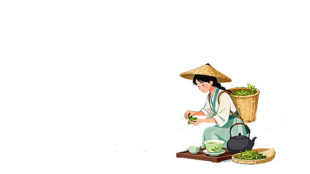 在保持原图国潮插画风格、茶山背景、人物姿态与茶具布局不变的前提下，移除前景桌面上的香蕉及盛放香蕉的盘子，空出桌面区域，其余元素（采茶女、竹篓、茶壶、茶杯、茶叶等）完整保留，画面自然协调。