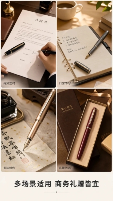 使用商品详情页技能根据商品图「图片1」「图片1」「图片1」生成1套详情页，参考图为「图片1」「图片1」「图片1」「图片1」「图片1」「图片1」，商品名称为德瑞，卖点为德国进口铱金笔尖，航空级铝合金笔身预览效果