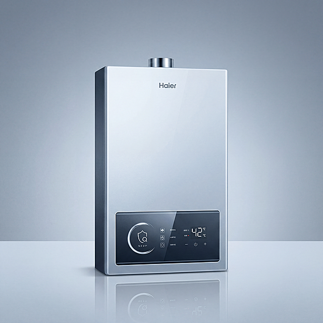 燃气热水器，严格参照上传产品图 https://gdesign-dam-hz.dancf.com/36693522690066552/23198cf7179c470abba6dc2d6e1b45cc.png，完整保留所有可见组件、部件、轮廓形状、结构、比例、材质质感、颜色与上传图完全一致，清除产品本体之外的价保618等营销信息。
浅渐变冷灰蓝色调棚拍静物场景，完全还原参考图 https://gdesign-dam-hz.dancf.com/36693093617489957/79b9199773d04fbfb092f43f3a8c9fda.png 的冷灰蓝色调光影氛围，主光来自产品正前方，产品受光面泛起浅冷灰蓝色、暗部映射浅灰色光晕，与环境物理融合。产品居中放置于反光平面，特写构图，保持环境纯净，产品是唯一主体。相对上传产品图视角微侧 25°。
全量换款清单：①背景：参考图浅灰蓝色渐变背景 → 生成图保持浅灰蓝色渐变背景（完全还原参考图色调）；②承载面：参考图浅色反光光滑平面 → 生成图保持浅色反光光滑平面，完全还原参考图反射倒影效果。
4K 分辨率，严格锁定宽高比为 1:1。相似度100%匹配参考图的场景背景色调